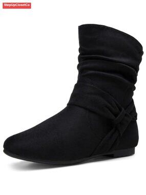 Slouch Ankle Boots Flat Low Heel Side Zip Booties